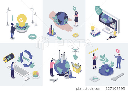 Ecology 3d isometry concept for web design. Collection set with isometric people using waste management and recycling technology, alternative energy for save planet and climate. Vector illustration. 127102595