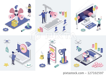 Digital marketing 3d isometry concept for web design. Collection set with isometric people making online promotion, advertising targeting, business communication with clients. Vector illustration. Digital marketing 3d isometry concept for web design. Collection set with isometric people making online promotion, advertising targeting, business communication with clients. Vector illustration. 127102597