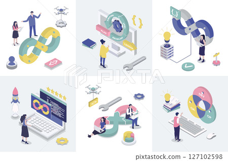 DevOps 3d isometry concept for web design. Collection set with isometric people using agile development operation practice, programming, creating and release products cycles. Vector illustration. 127102598