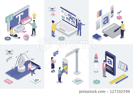 Designer studio 3d isometry concept for web design. Collection set with isometric people creating interface layouts and graphic content, using drawing tools and typescripts. Vector illustration. Designer studio 3d isometry concept for web design. Collection set with isometric people creating interface layouts and graphic content, using drawing tools and typescripts. Vector illustration. 127102599