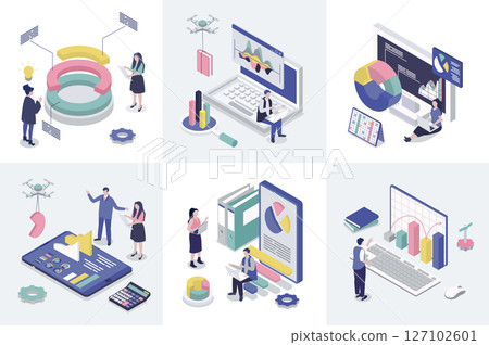 Data analysis 3d isometry concept for web design. Collection set with isometric people making statistics research, chart, diagram and graph dashboard analyzing, marketing report. Vector illustration. 127102601