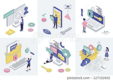 Cyber security 3d isometry concept for web design. Collection set with isometric people using safety access with data privacy protection, fingerprint verification and passwords. Vector illustration. 127102602
