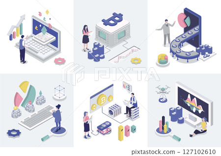 Cryptocurrency 3d isometry concept for web design. Collection set with isometric people making crypto business, invest in bitcoins, trading and mining coins at virtual platforms. Vector illustration. 127102610