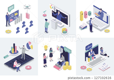 Business training 3d isometry concept for web design. Collection set with isometric people learning at conference, listening job coaching and consulting lectures, video seminars. Vector illustration. Business training 3d isometry concept for web design. Collection set with isometric people learning at conference, listening job coaching and consulting lectures, video seminars. Vector illustration. 127102616