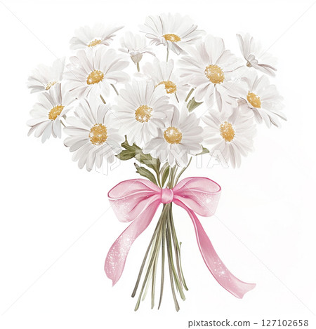 Bouquet of daisy flowers, tied with a pink ribbon. Watercolor illustration in beautiful hand painted 127102658