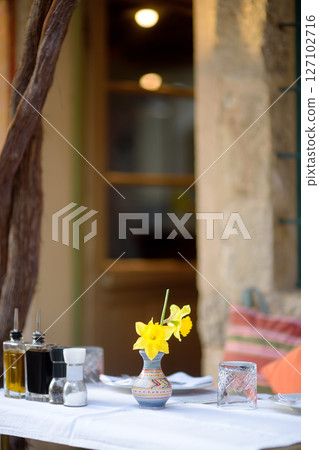 National restaurant tables on the street of the Old Bar Town in Montenegro National restaurant tables on the street of the Old Bar Town in Montenegro 127102716
