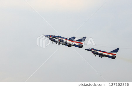 J-10 of China Air Force Aerobatics team on take off formations at airshow in Thailand. 127102856