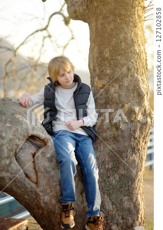 A cute preteen boy is sitting on a branch of a large sycamore tree 127102858