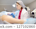 Gynecologist examines a patient laying on gynecological chair using medical vaginal speculum. Doctor takes pap smear test from a young woman cervix. Diagnosis of diseases. 127102860