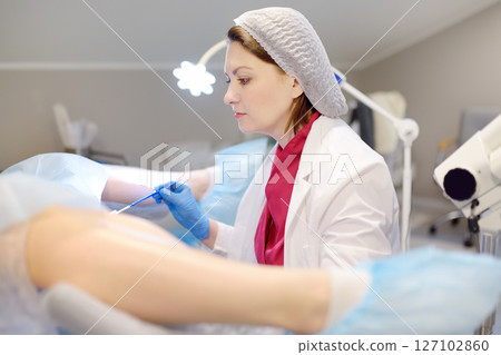 Gynecologist examines a patient laying on gynecological chair using medical vaginal speculum. Doctor takes pap smear test from a young woman cervix. Diagnosis of diseases. 127102860