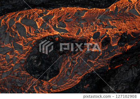 Aerial view of the texture of a solidifying lava field Aerial view of the texture of a solidifying lava field 127102908