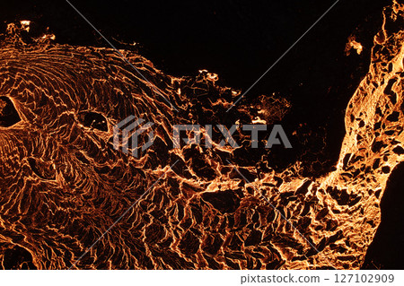 Aerial view of the texture of a solidifying lava field 127102909