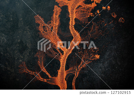 Aerial view of the texture of a solidifying lava field Aerial view of the texture of a solidifying lava field 127102915