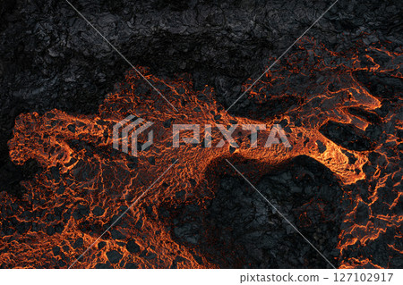 Aerial view of the texture of a solidifying lava field 127102917