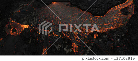 Aerial view of the texture of a solidifying lava field Aerial view of the texture of a solidifying lava field 127102919