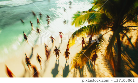 Blurred silhouettes of people on a sandy beach with green palm trees on a sunny summer day. Tropical resort, island in summertime. Aerial view. This is AI-generated item 127103001