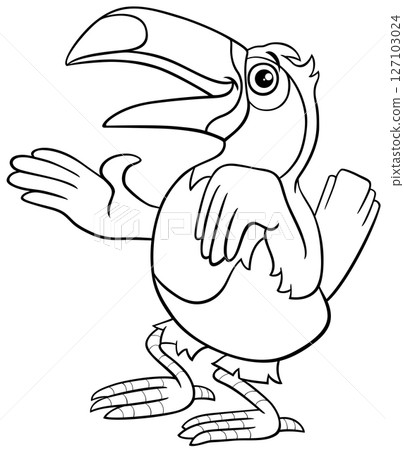 cartoon toucan bird character waving its wing and greeting coloring page 127103024
