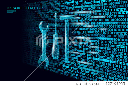 Tools binary code background illustration. Mechanical equipment construction network design. Repair maintenance technology industry service. Low poly blue dark vector Tools binary code background illustration. Mechanical equipment construction network design. Repair maintenance technology industry service. Low poly blue dark vector 127103035