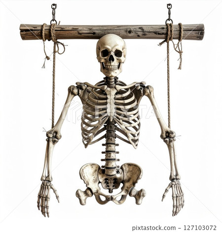 Human Skeleton Hanging from Wooden Beam Human Skeleton Hanging from Wooden Beam 127103072