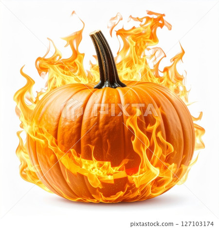 Fiery Orange Pumpkin in Bright Flames Against White Background 127103174