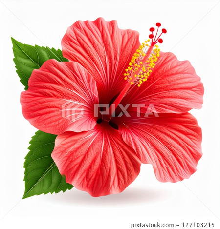 Red Hibiscus Flower with Green Leaves on White 127103215