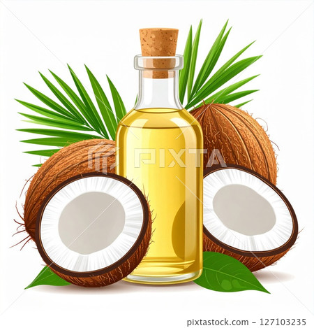 Ripe Coconuts and Bottle of Coconut Oil 127103235