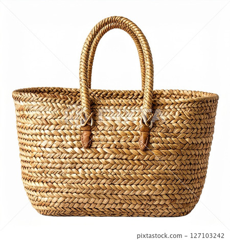 Tan Woven Straw Tote Bag on White Background 127103242