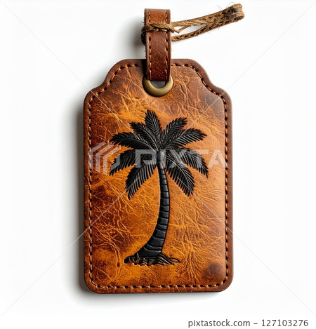 Brown Leather Luggage Tag with Embossed Palm Tree 127103276