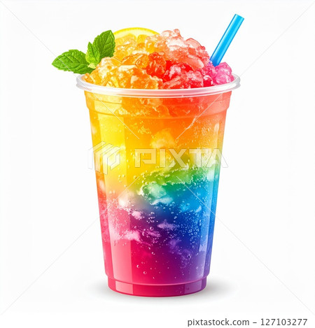 Rainbow Shaved Ice Drink in Plastic Cup 127103277