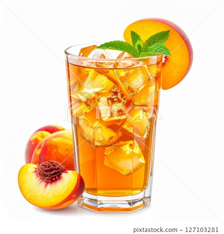 Peach Iced Tea in Glass with Ice and Mint 127103281