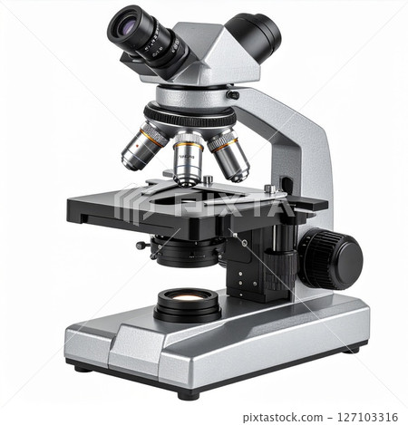 Silver Metal Binocular Microscope on White Background Silver Metal Binocular Microscope on White Background 127103316