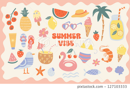 Set of hand drawn summer icons,funny doodle holiday beach elements-watermelon,lemon,ice cream,palm,drinks, cocktail. Isolated elements for scrapbooking summer vibe. Perfect for templates,web.Vector Set of hand drawn summer icons,funny doodle holiday beach elements-watermelon,lemon,ice cream,palm,drinks, cocktail. Isolated elements for scrapbooking summer vibe. Perfect for templates,web.Vector 127103333