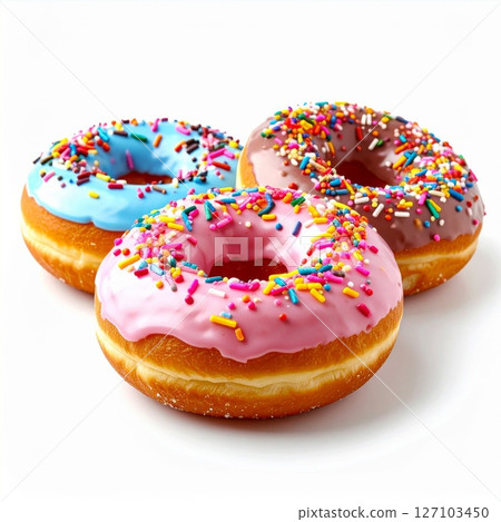 Three Glazed Donuts with Sprinkles on White Background 127103450