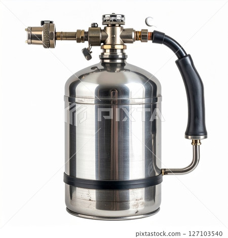 Silver Metal Propane Torch With Black Hose On White Background 127103540