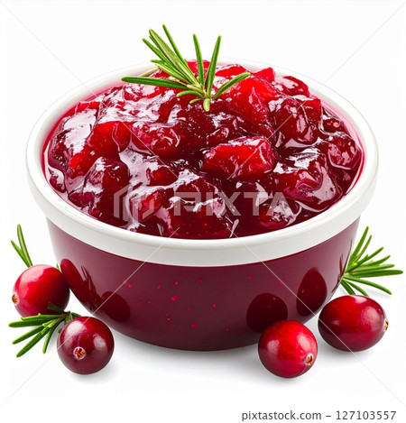 Red Cranberry Sauce in White Bowl with Rosemary 127103557