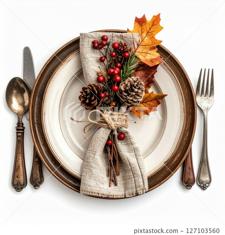 Autumnal Thanksgiving Table Setting with Rustic Decor 127103560