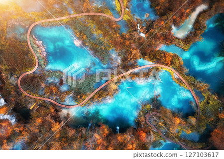 Aerial view of blue lakes in red autumn forest at sunrise 127103617