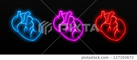 Neon anatomical hearts in vivid colors against a dark background 127103672
