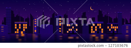 City panorama at night with silhouetted buildings and crescent moon in starry sky City panorama at night with silhouetted buildings and crescent moon in starry sky 127103676