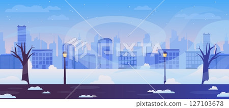 Winter city panorama with snowy urban skyline and bare trees silhouette Winter city panorama with snowy urban skyline and bare trees silhouette 127103678