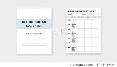 Blood sugar log sheet for daily monitoring and recording health information 127103696