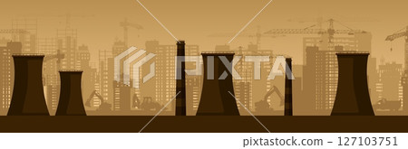 City panorama with industrial building silhouette and construction cranes in brown tones City panorama with industrial building silhouette and construction cranes in brown tones 127103751