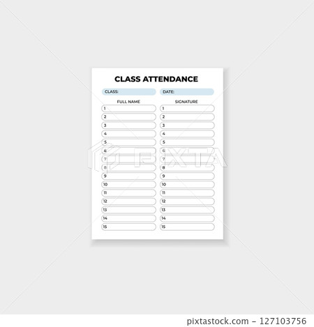 Class attendance template for tracking names and signatures in school or training sessions 127103756