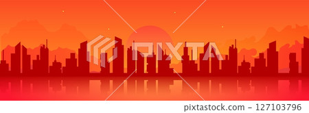 City panorama at sunset with silhouetted buildings against a vibrant orange sky 127103796