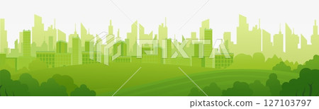City panorama with modern silhouettes and green urban landscape in abstract style 127103797