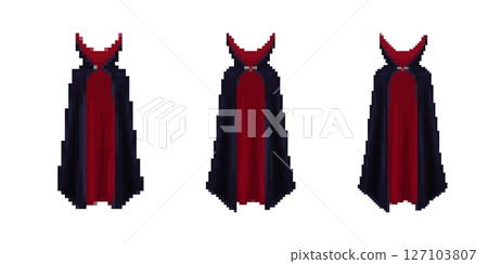 Mosaic pixel style dark cape icons with red and black colors in retro gaming design Mosaic pixel style dark cape icons with red and black colors in retro gaming design 127103807