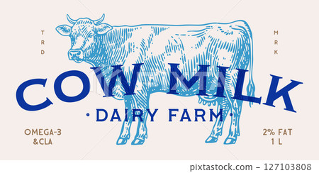 Cow, milk, dairy. Milk tag label design, dairy shop cow template, vintage style print. Pencil ink sketch cow drawing, retro dairy text, classic typography, farm milk branding. Vector Illustration Cow, milk, dairy. Milk tag label design, dairy shop cow template, vintage style print. Pencil ink sketch cow drawing, retro dairy text, classic typography, farm milk branding. Vector Illustration 127103808