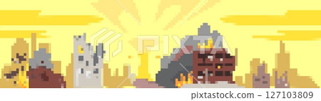 Mosaic pixel art cityscape with burning buildings in retro pixel style 127103809