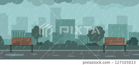 City panorama with park benches during rainy day silhouette urban buildings and trees 127103813
