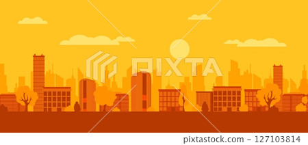 City panorama silhouette of skyscrapers and trees in vibrant warm colors on a sunny day 127103814